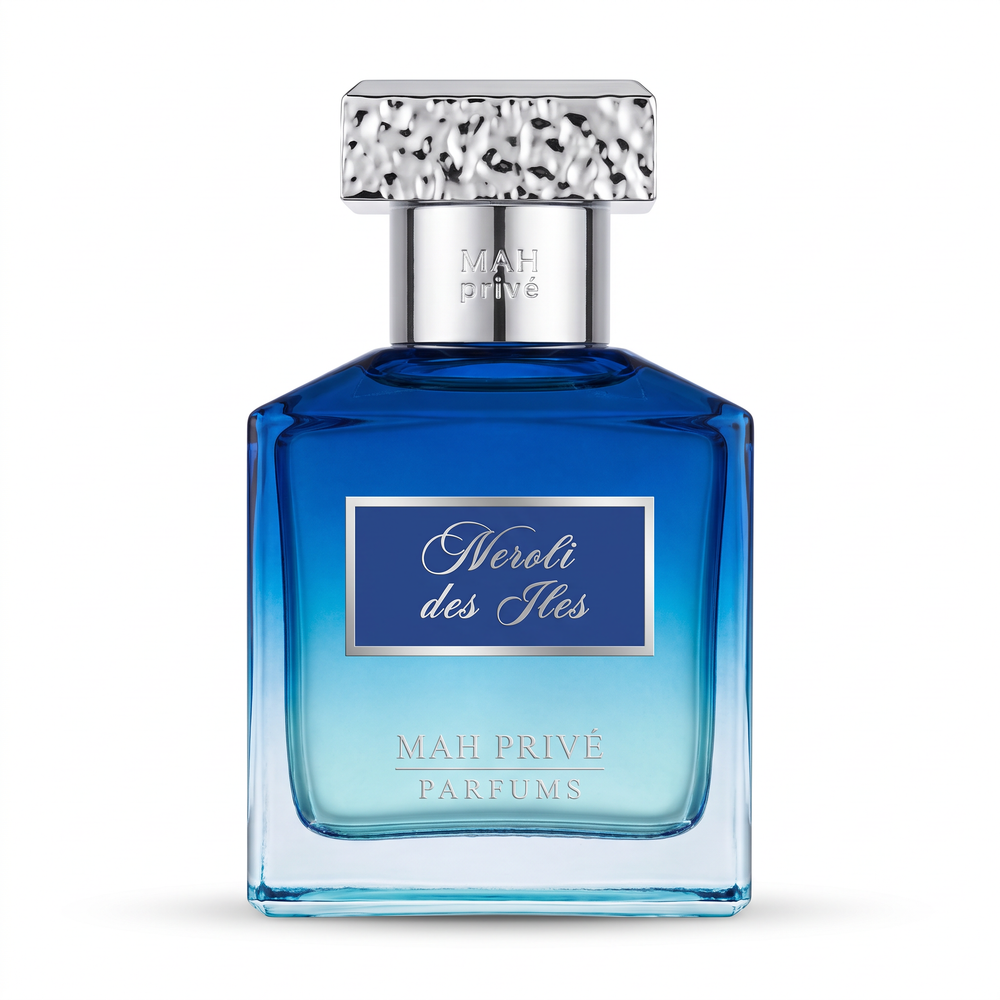 Néroli des Îles, extrait de parfum MAH Privé 50 ml, flacon en verre bleu dégradé et capot martelé chromé