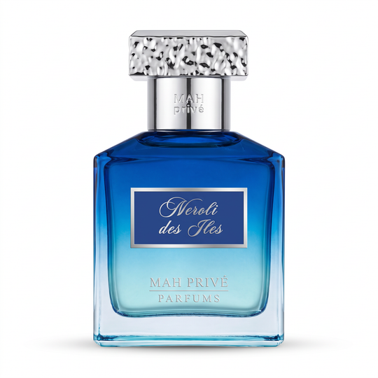Néroli des Îles, extrait de parfum MAH Privé 50 ml, flacon en verre bleu dégradé et capot martelé chromé
