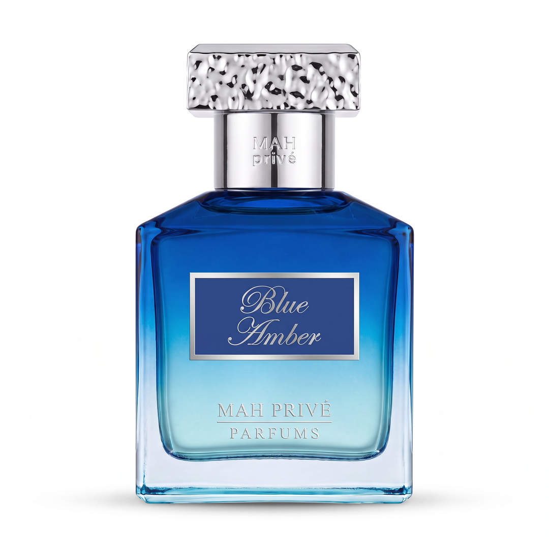 Blue Amber, extrait de parfum MAH Privé 50 ml, flacon en verre bleu dégradé et capot martelé chromé
