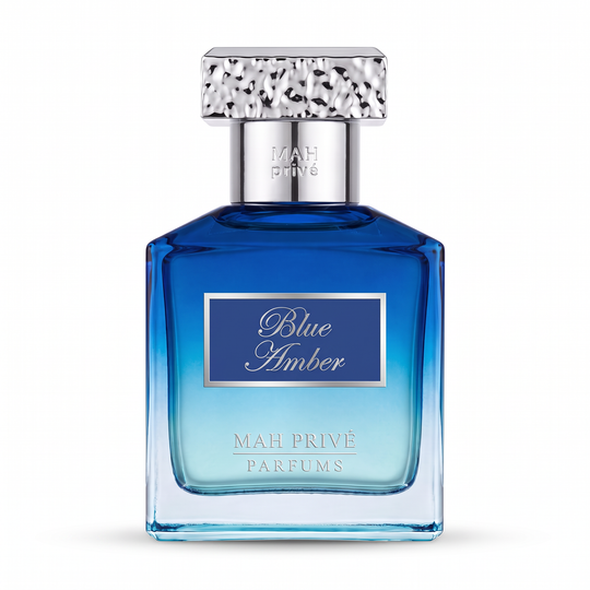 Blue Amber, extrait de parfum MAH Privé 50 ml, flacon en verre bleu dégradé et capot martelé chromé