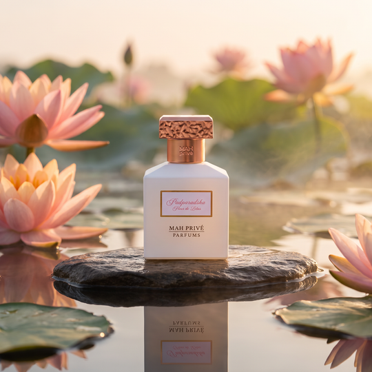 Padparadsha posé sur une pierre au milieu d'un bassin de lotus au lever du jour