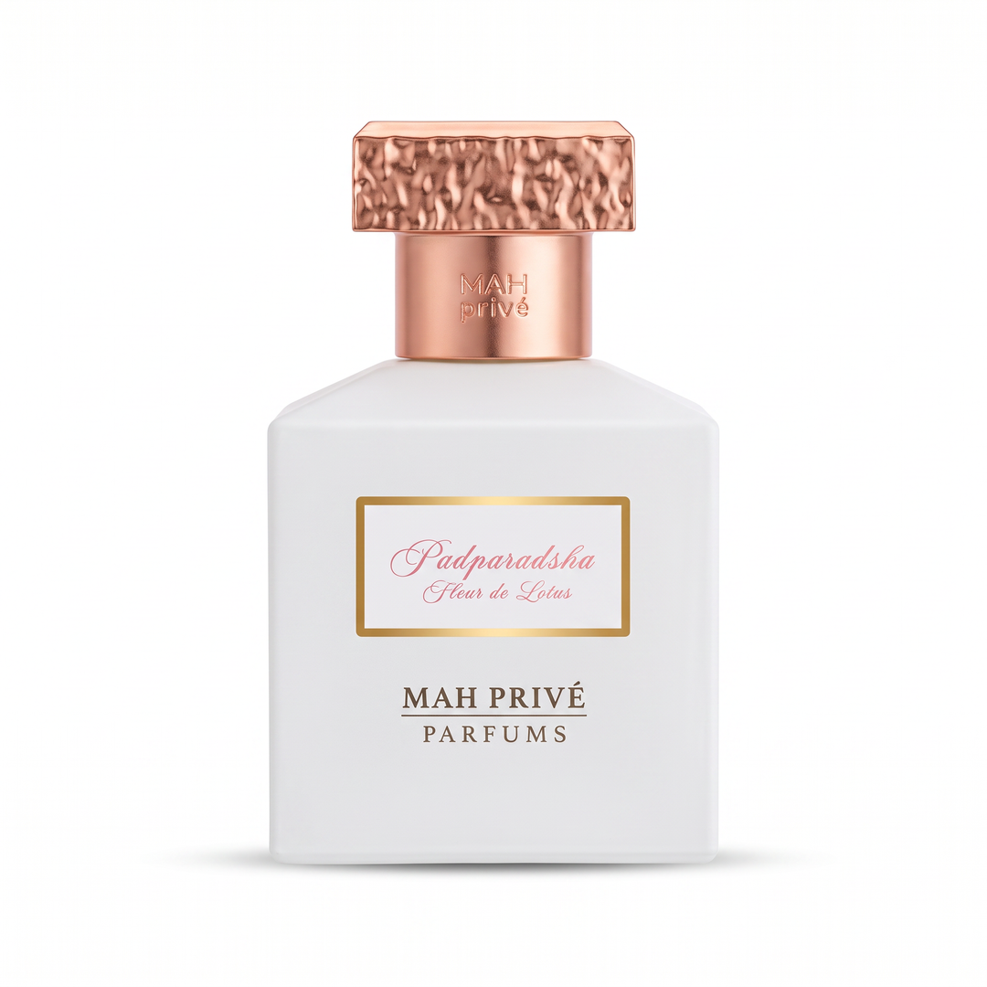 Padparadsha, extrait de parfum MAH Privé 50 ml, flacon laqué blanc et capot martelé or rose