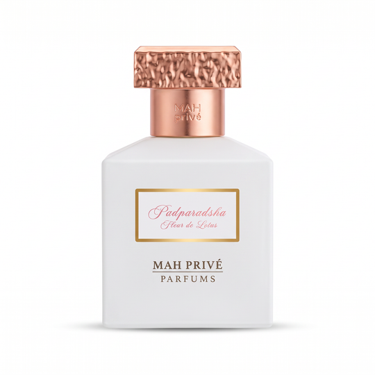 Padparadsha, extrait de parfum MAH Privé 50 ml, flacon laqué blanc et capot martelé or rose