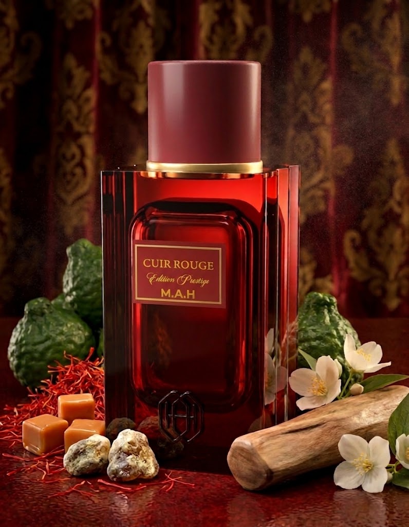 Cuir Rouge - flacon et ingredients (safran, caramel, jasmin, bergamote)