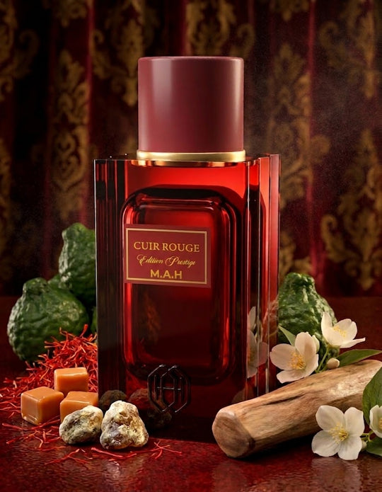 Cuir Rouge - flacon et ingredients (safran, caramel, jasmin, bergamote)