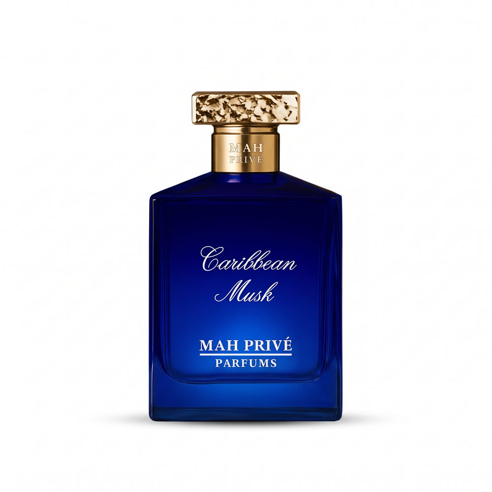 Caribbean Musk, extrait de parfum MAH Privé, flacon bleu roi et capot martelé or sur fond blanc