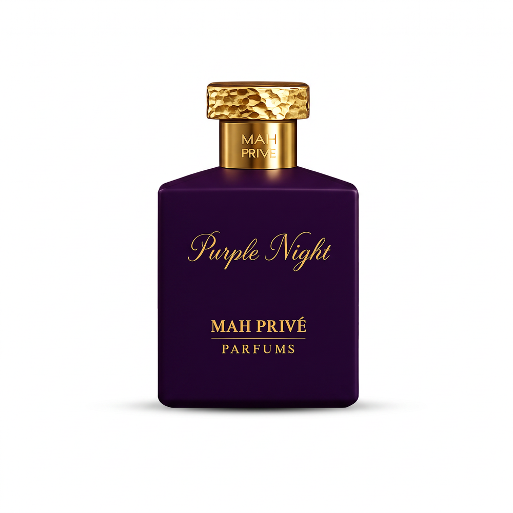 Purple Night, extrait de parfum MAH Privé, flacon violet et capot martelé or sur fond blanc